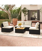 Gymax 5 Pcs Rattan Sofa Set Outdoor Wicker Furniture Set w/ Back Cushions & Square Coffee Table