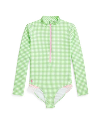 Polo Ralph Lauren Big Girls Gingham Ruffled One-Piece Rash Guard