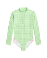 Polo Ralph Lauren Big Girls Gingham Ruffled One-Piece Rash Guard