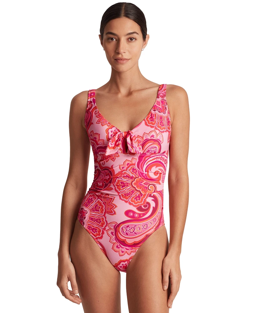 Lauren Ralph Women's Printed Tie-Front One-Piece Swimsuit