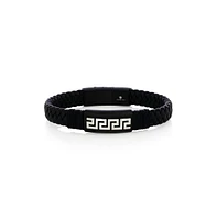 Stainless Steel, Braided Leather Greek Key Bracelet