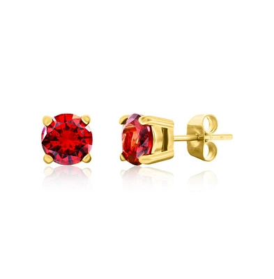 Stainless Steel, 7mm Round Red Cz Studs - Gold Plated