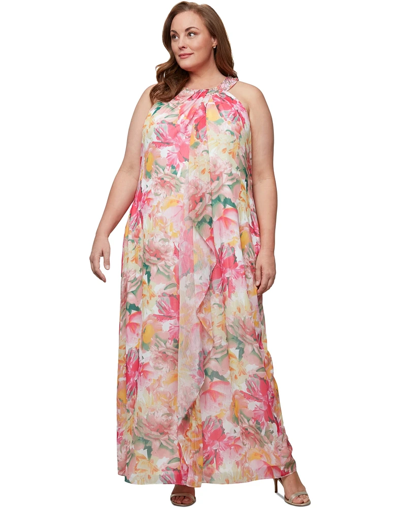Sl Fashions Plus Beaded Halter Ruffled Chiffon Gown