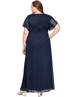 Sl Fashions Plus Flutter-Sleeve Side-Ruched Glitter Gown