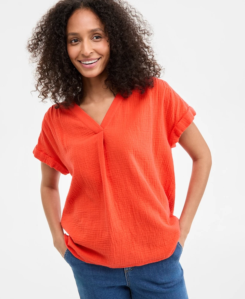 Style & Co Women's Cotton Gauze V-Neck Short-Sleeve Top, Exclusively at Macy's