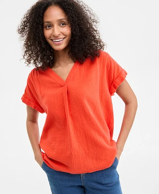 Style & Co Women's Cotton Gauze V-Neck Short-Sleeve Top, Exclusively at Macy's