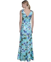 Eliza J Women's Floral-Print Satin Wrap-Style Gown