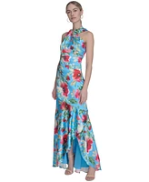 Eliza J Women's Floral-Print Twist-Front Halter Gown