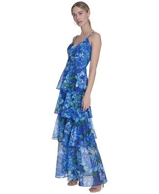 Eliza J Women's Printed Chiffon Tiered Gown