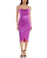 Emerald Sundae Juniors' Draped Sleeveless Satin Bodycon Dress