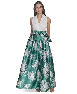 Jessica Howard Petite Mixed-Media V-Neck Pleated Gown