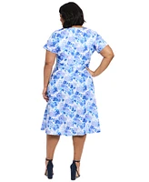 London Times Plus Floral-Print Bow Fit & Flare Dress