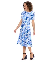 London Times Petite Floral-Print Bow-Neck Midi Dress