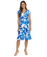 London Times Petite Floral Flutter-Sleeve Ruffle Dress