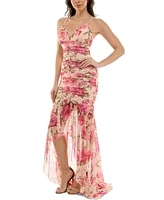 Juniors' Printed Ruched High-Low Ruffled Gown, Created for Macy's