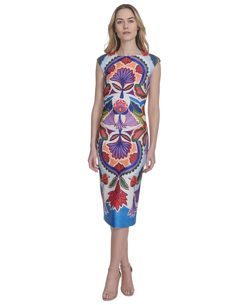 Vince Camuto Petite Placement-Print Cap-Sleeve Midi Dress