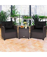 Gymax 3PCS Outdoor Patio Rattan Conversation Set Garden Yard w/ Cushions Coffee Table