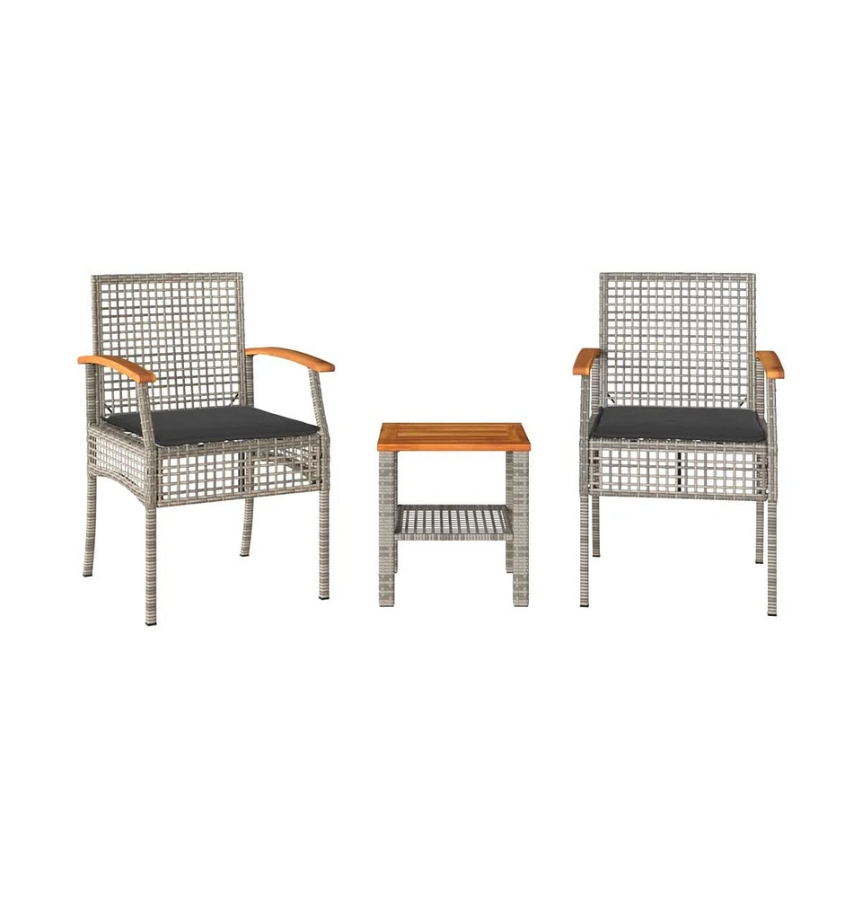 3 Piece Bistro Set with Cushions Poly Rattan Acacia Wood