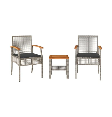 3 Piece Bistro Set with Cushions Poly Rattan Acacia Wood