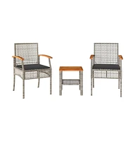3 Piece Bistro Set with Cushions Poly Rattan Acacia Wood