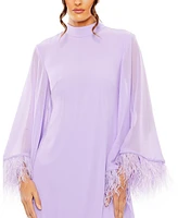 Mac Duggal Women's High Neck Cape Sleeve Mini Dress with Feather Trim