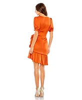 Mac Duggal Women's Short Puff Sleeve Faux Wrap Mini Dress