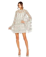 Mac Duggal Women's Floral Print Long Flare Sleeve Mesh A-Line Dress