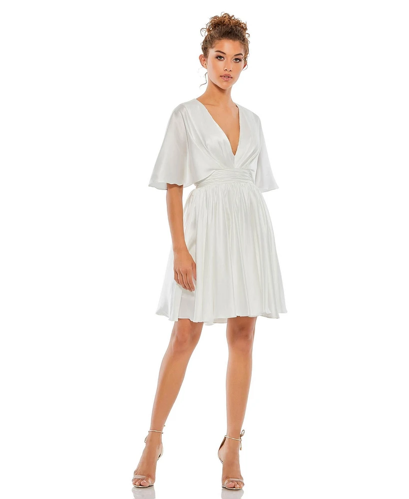 Mac Duggal Women's Satin Flowy Cape Sleeve Mini Dress