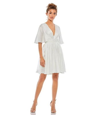 Mac Duggal Women's Satin Flowy Cape Sleeve Mini Dress