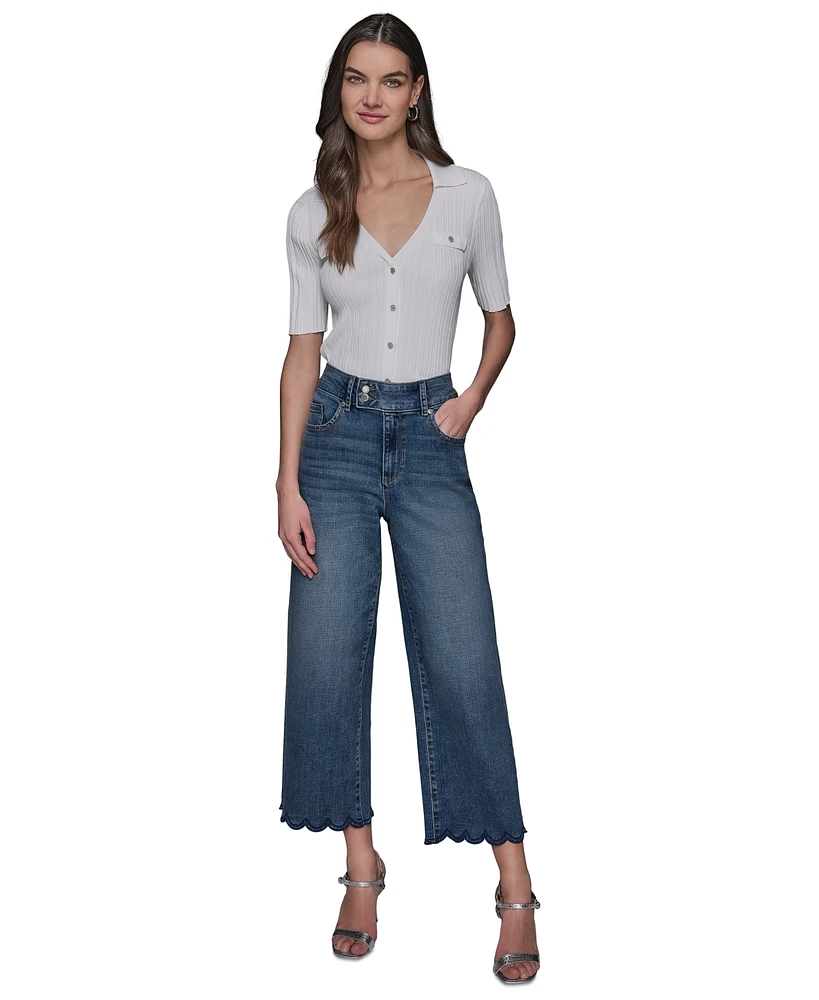 Karl Lagerfeld Paris Petite Scalloped-Hem Cropped Wide-Leg Jeans