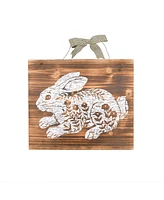 13" x 15" Etched Farmhouse Floral Flowers Easter Rabbit Bunny Wood Hanging Wall Art