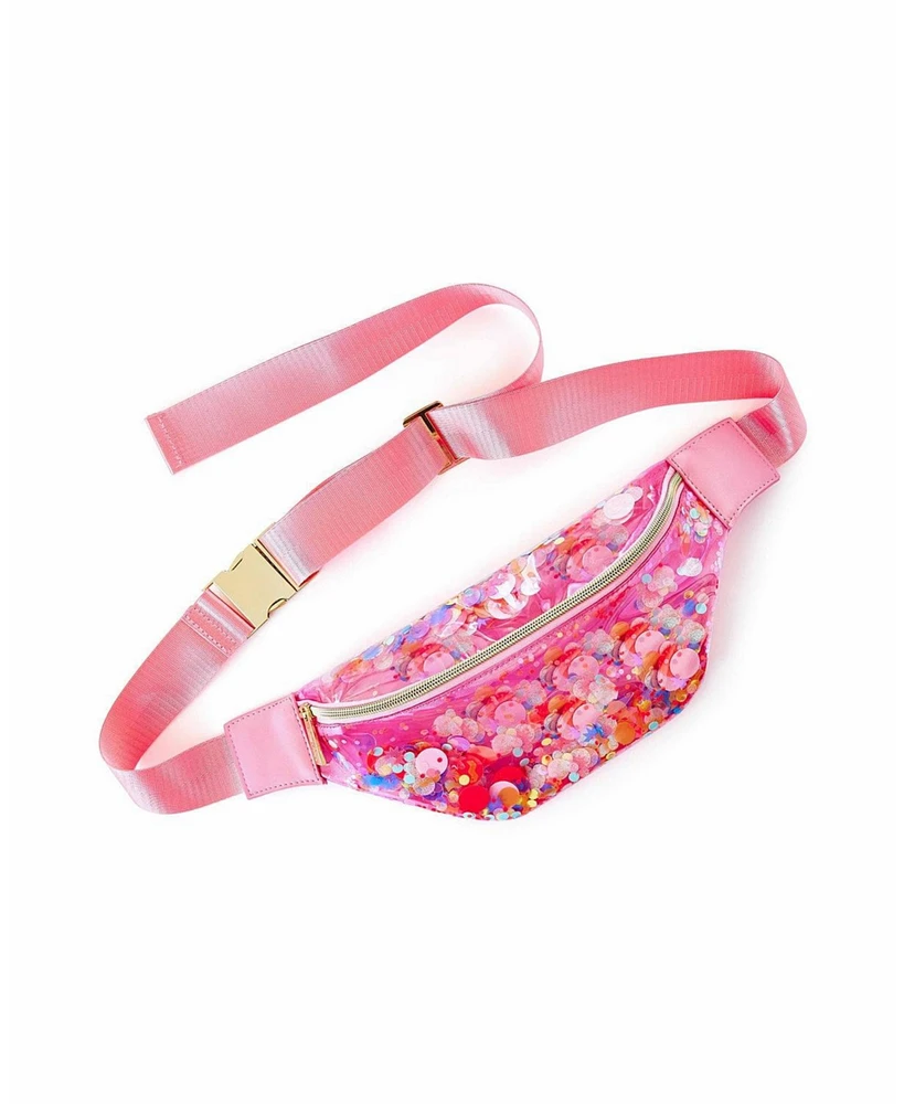 Packed Party Clear Pink Confetti Belt Bag, Fashionable Designer Fanny Pack For Women, Nylon Bum Bag With Adjustable Strap and Small Pouch, Great For W