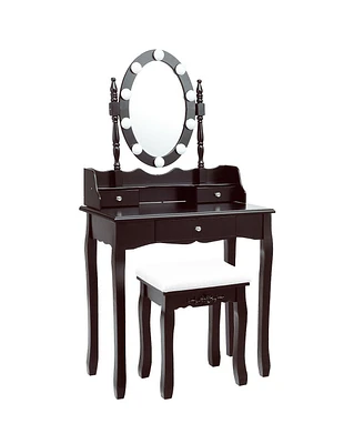 Oval Mirror Vanity Set with 10 Led Dimmable Bulbs and 3 Drawers