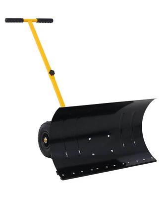 Snow Shovel with Wheels, Snow Pusher, Cushioned Adjustable Angle Handle Snow Removal Tool, 29" Blade, 10" Wheels,yellow color