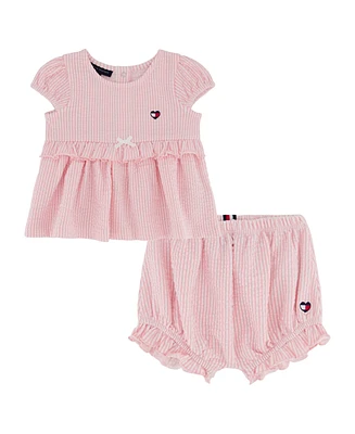 Tommy Hilfiger Baby Girls 2-Piece Ruffled Seersucker Stripe Bloomer Set
