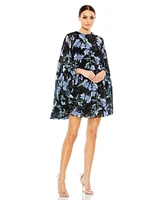 Mac Duggal Women's Floral Print High Neck Ruffle Hem Cape Mini Dress