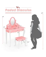 Kids Vanity Princess Makeup Dressing Table Stool Set with Mirror and Drawer