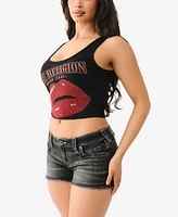 True Religion Women's Crystal Lips Raw Hem Scoop Neckline Tank T-Shirt