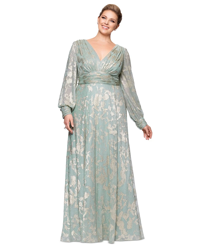 Betsy & Adam Plus V-Neck Foil Mesh A-Line Dress