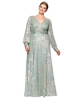 Betsy & Adam Plus V-Neck Foil Mesh A-Line Dress