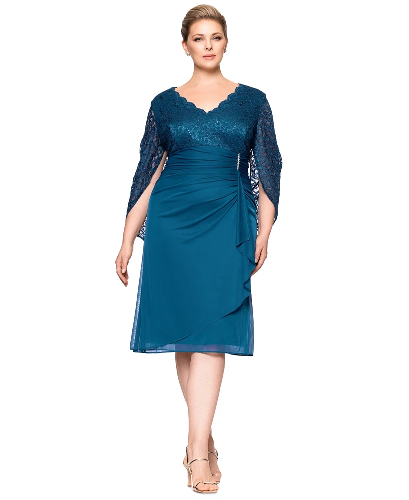 Betsy & Adam Plus Lace Draped-Back Sheath Dress