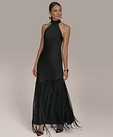 Donna Karan New York Women's High-Neck Fringe-Trim Gown