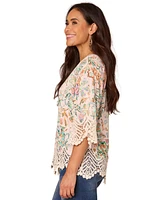 Democracy Petite Floral-Print Scalloped-Hem Crochet Top