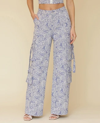 Avec Les Filles Women's Floral Print Wide-Leg Cargo Pants