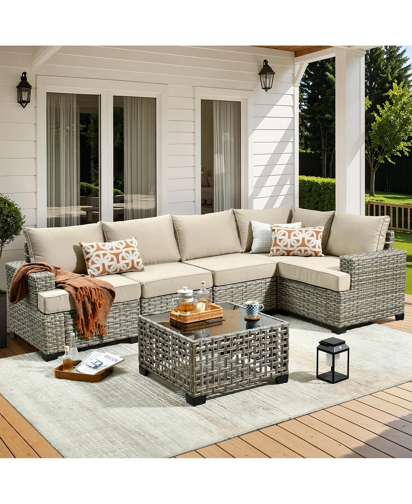 Xizzi Outdoor Patio Furniture Set,6 Pieces Rattan Sectional Set,Outside Coversation Set with Extra Deep Sofa Couch and Solar C