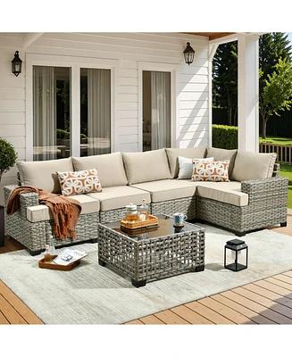 Xizzi Outdoor Patio Furniture Set,6 Pieces Rattan Sectional Set,Outside Coversation Set with Extra Deep Sofa Couch and Solar C