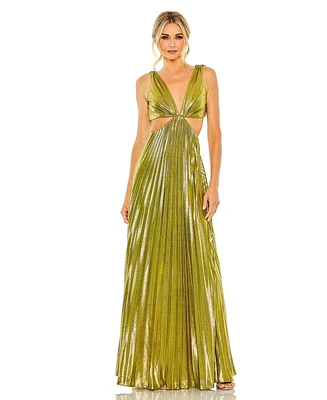 Mac Duggal Women's Pleated Metallic Cutout Gown