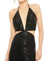 Mac Duggal Women's Cut Out Halter Tie Back Sequin Gown