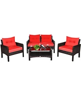Costway 4PCS Patio Rattan Furniture Set Loveseat Sofa Coffee Table Garden W/Red Cushion