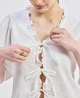 Reistor Women's Relaxed Fit Top With Ruffles and Front-Ties White